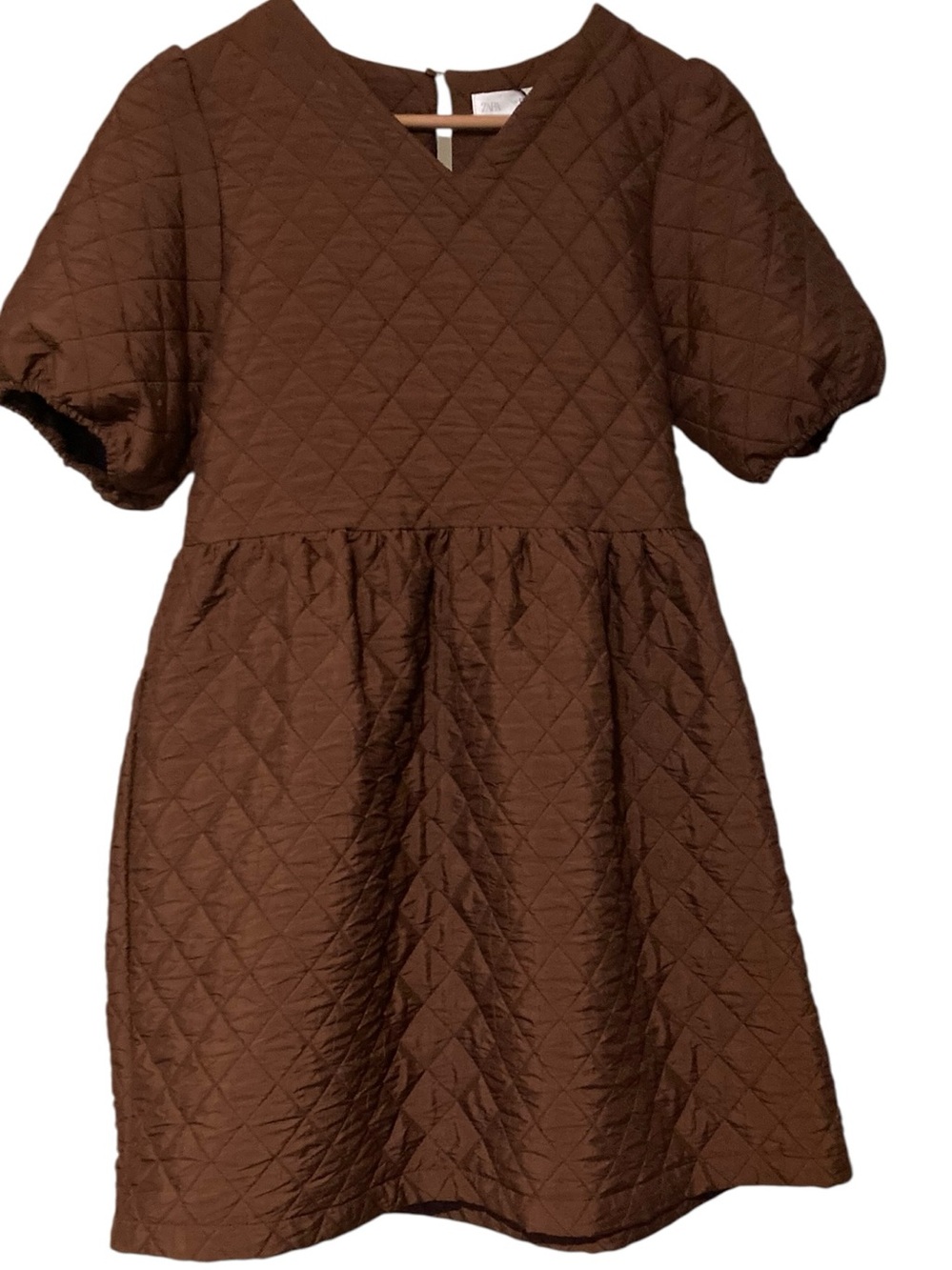 Zara Girl’s  Brown Quilted Puff-Sleeve Dress NEW